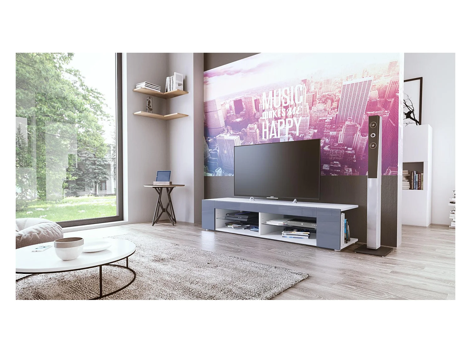 Buffet bas Movie, Meuble TV avec 4 compartiments ouverts et placages décoratifs, Blanc mat/Gris haute brillance (134 x 29 x 39 cm)