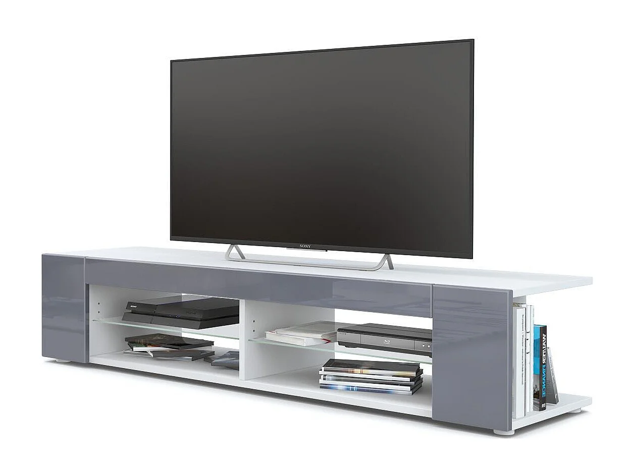 Buffet bas Movie, Meuble TV avec 4 compartiments ouverts et placages décoratifs, Blanc mat/Gris haute brillance (134 x 29 x 39 cm)