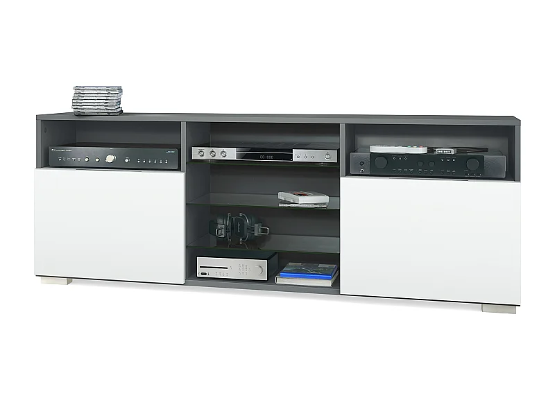 Meuble TV Granada, Lowboard avec 2 portes et 6 compartiments ouverts, corps anthracite mat, façades en blanc mat (146 x 54 x 35 cm)