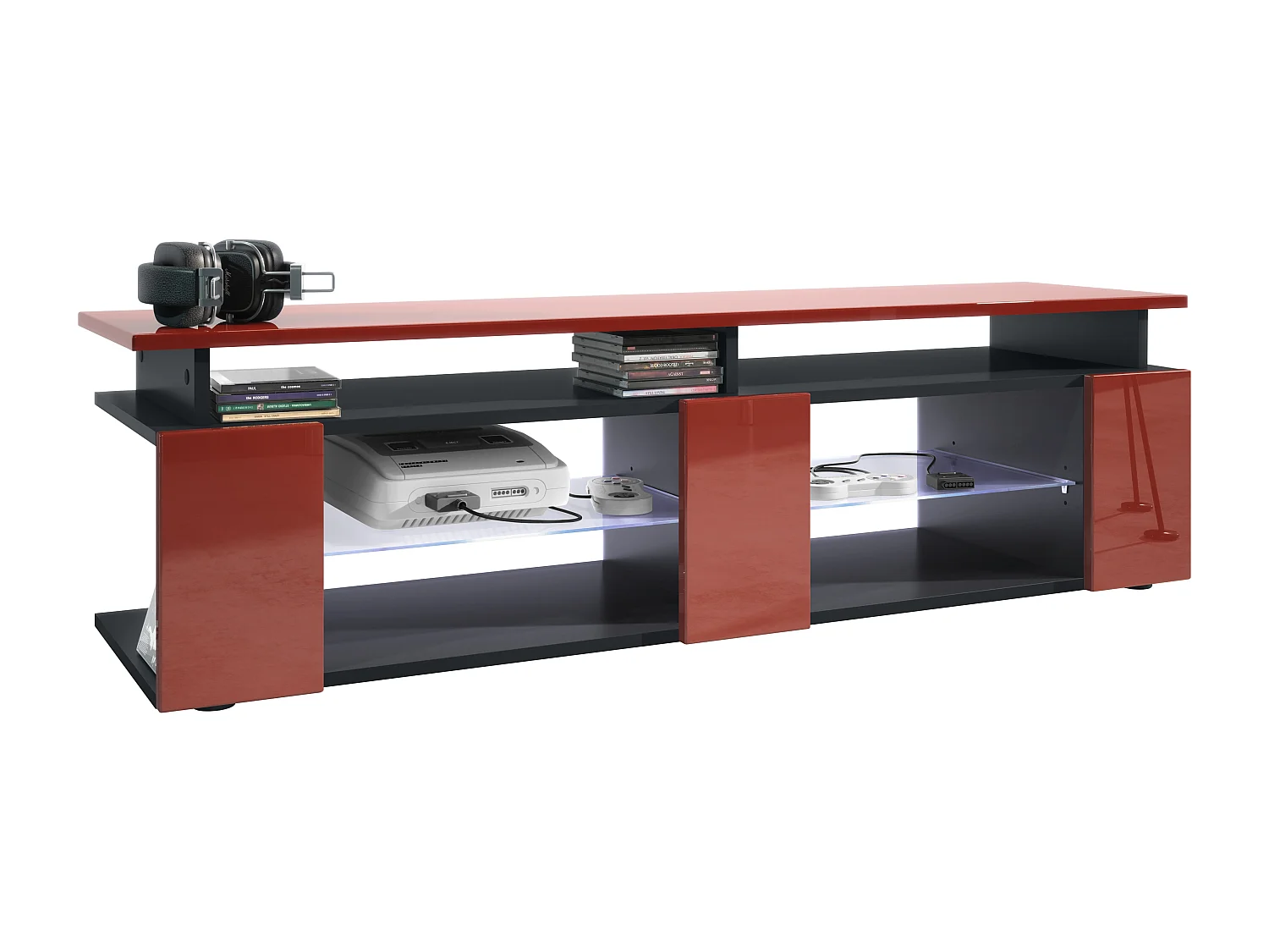 TV Board Movie V2 Game On Lowboard 138,5 x 39 x 39 cm éclairage LED inclus Blanc, caisson en noir mat, façades en bordeaux haute brillance