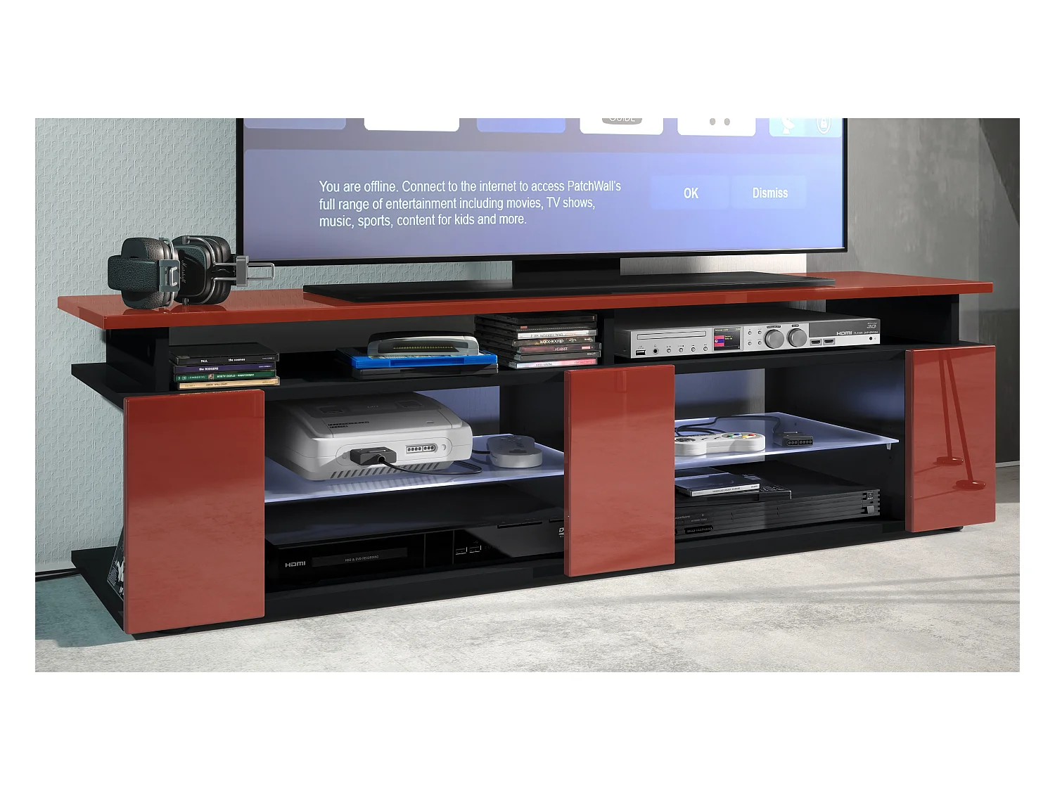 TV Board Movie V2 Game On Lowboard 138,5 x 39 x 39 cm éclairage LED inclus Blanc, caisson en noir mat, façades en bordeaux haute brillance