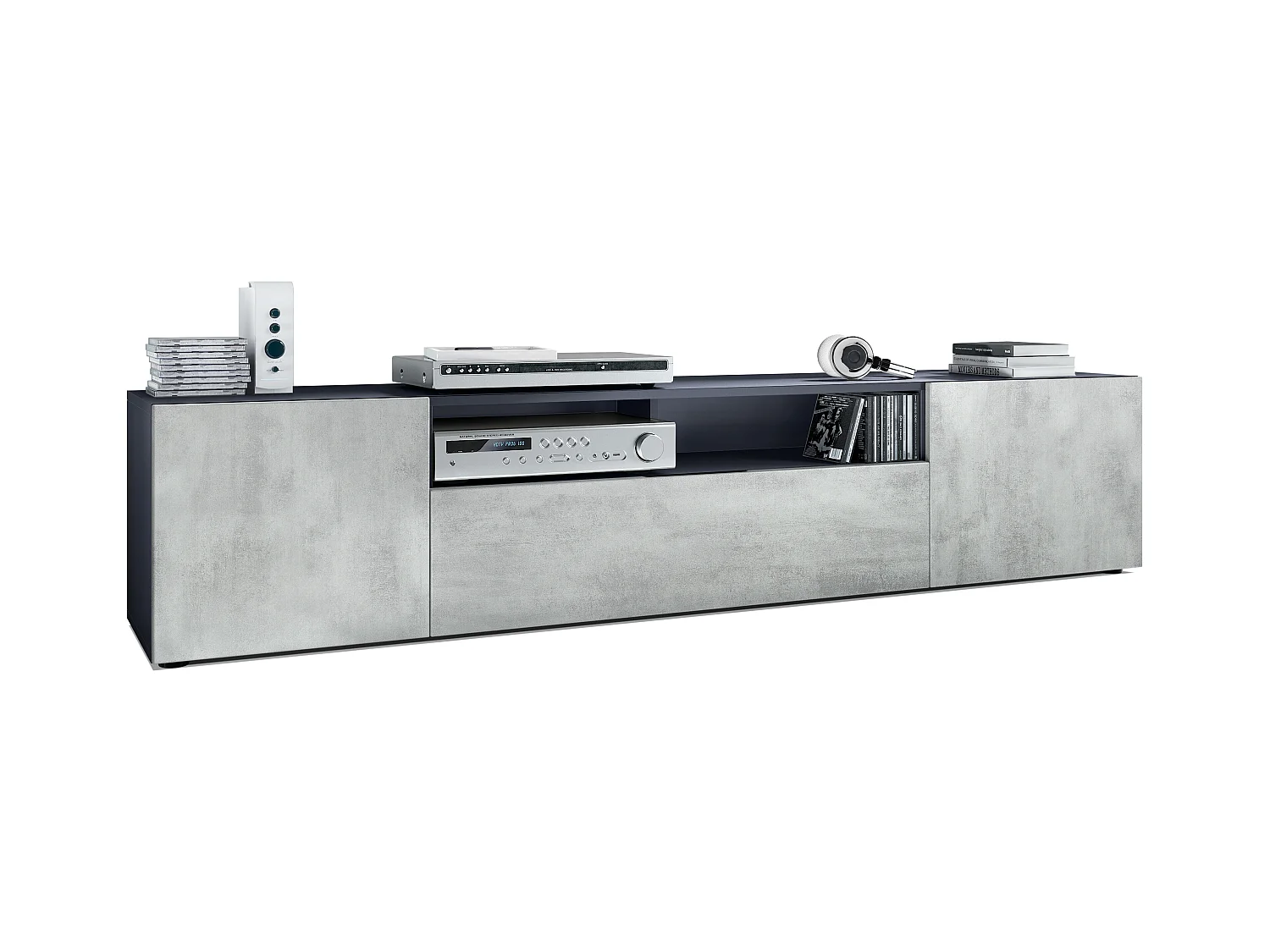 Meuble TV Mogan 181 x 39 x 35 cm, lowboard long avec 6 compartiments, caisson en anthracite mat, façades en Aspect Béton Oxyde