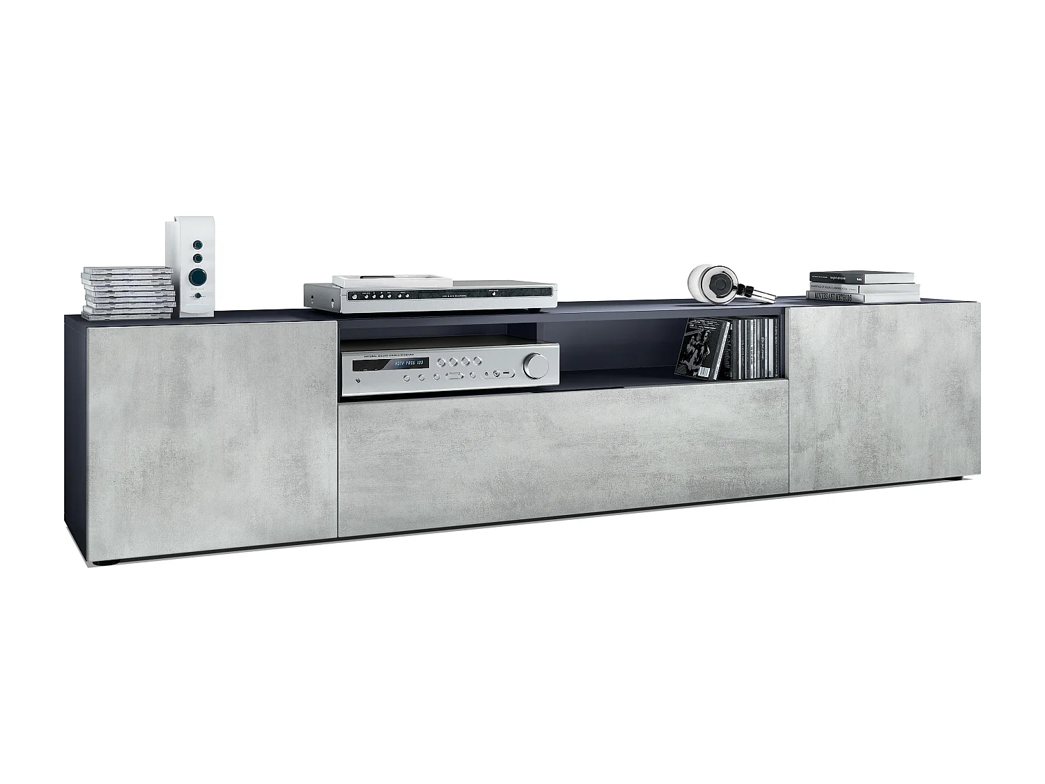 TV Board Mogan 181 x 39 x 35 cm, lavagna lunga con 6 scomparti, corpo in antracite opaco, frontali in ossido di cemento grigio