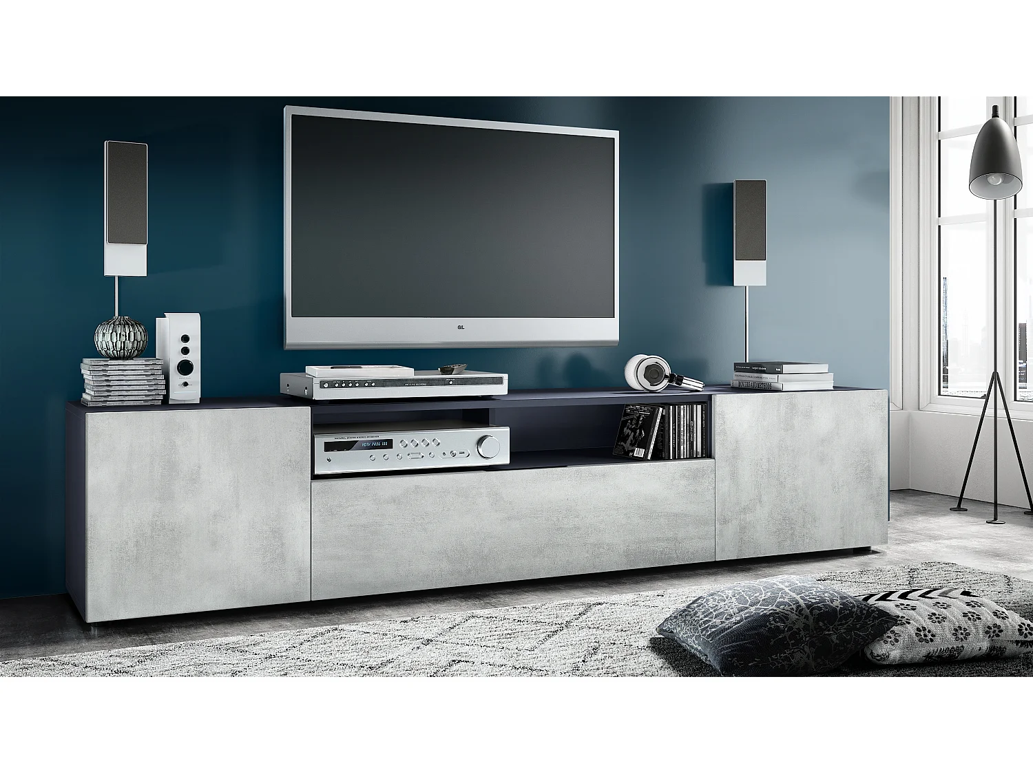 TV Board Mogan 181 x 39 x 35 cm, lavagna lunga con 6 scomparti, corpo in antracite opaco, frontali in ossido di cemento grigio