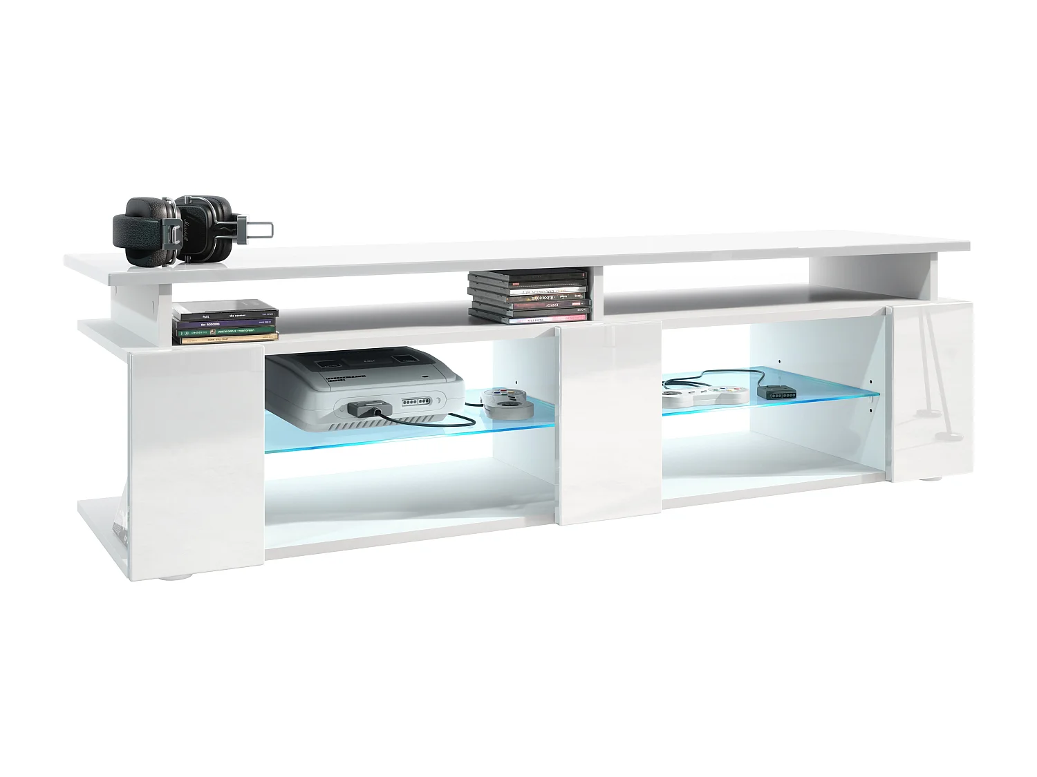 TV Board Movie V2 Game On Lowboard 138,5 x 39 x 39 cm , caisson en blanc mat, façades en blanc haute brillance