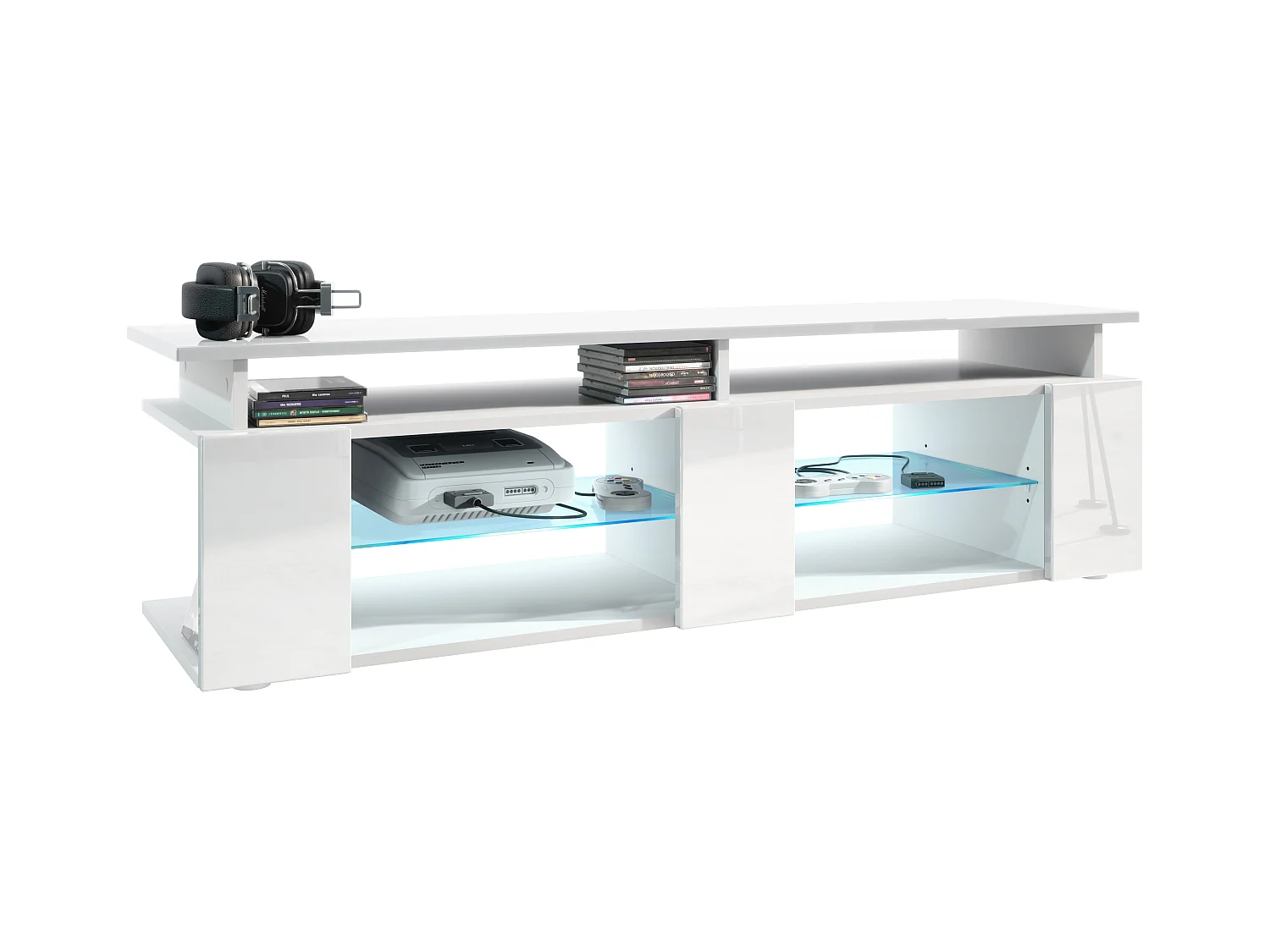 TV Board Movie V2 Game On Lowboard 138,5 x 39 x 39 cm , caisson en blanc mat, façades en blanc haute brillance