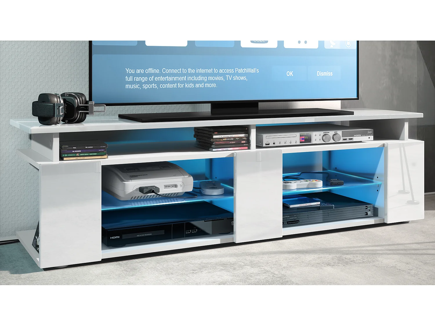 TV Board Movie V2 Game On Lowboard 138,5 x 39 x 39 cm , caisson en blanc mat, façades en blanc haute brillance