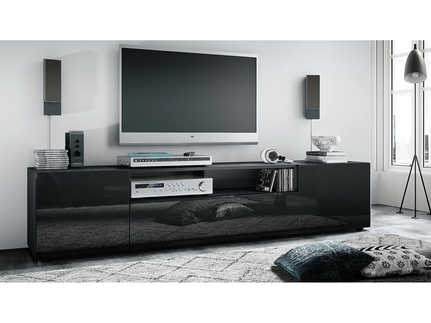 Buffet bas Mogan, Meuble TV avec 2 portes, 1 clapet et 1 compartiment ouvert, Noir mat/Noir haute brillance (181 x 39 x 35 cm)