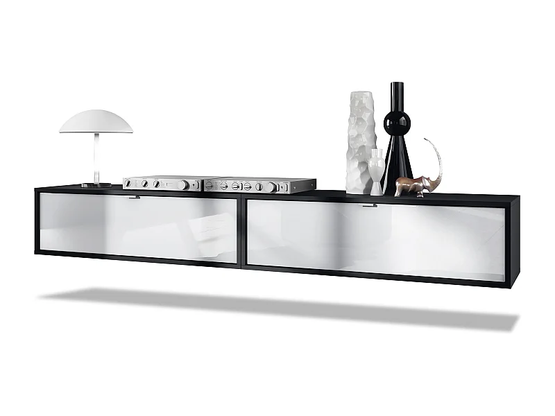 Ensemble de 2 set meuble TV Lana 100, lowboards de 100 x 29 x 37 cm chacun avec beaucoup d'espace de rangement, caisson en Noir mat, façades en Blanc brillant