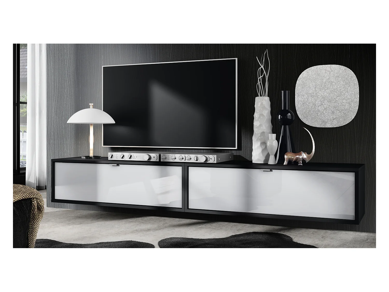 Ensemble de 2 set meuble TV Lana 100, lowboards de 100 x 29 x 37 cm chacun avec beaucoup d'espace de rangement, caisson en Noir mat, façades en Blanc brillant