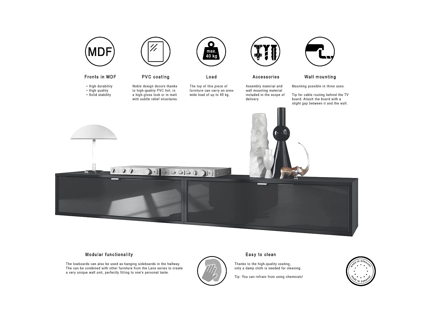 Ensemble de 2 set meuble TV Lana 100, lowboards de 100 x 29 x 37 cm chacun avec beaucoup d'espace de rangement, caisson en Noir mat, façades en Blanc brillant