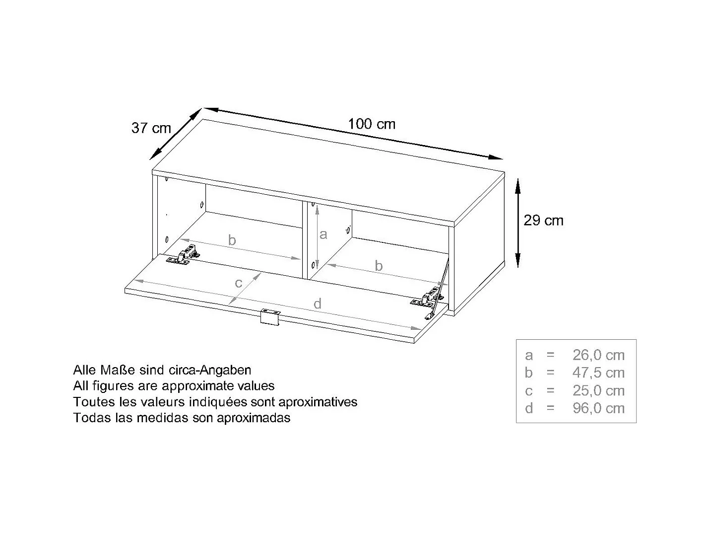 Ensemble de 2 set meuble TV Lana 100, lowboards de 100 x 29 x 37 cm chacun avec beaucoup d'espace de rangement, caisson en Noir mat, façades en Blanc brillant