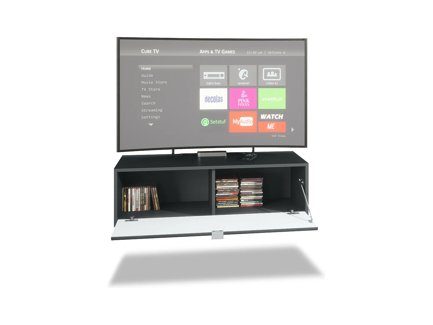 Ensemble de 2 set meuble TV Lana 100, lowboards de 100 x 29 x 37 cm chacun avec beaucoup d'espace de rangement, caisson en Noir mat, façades en Blanc brillant