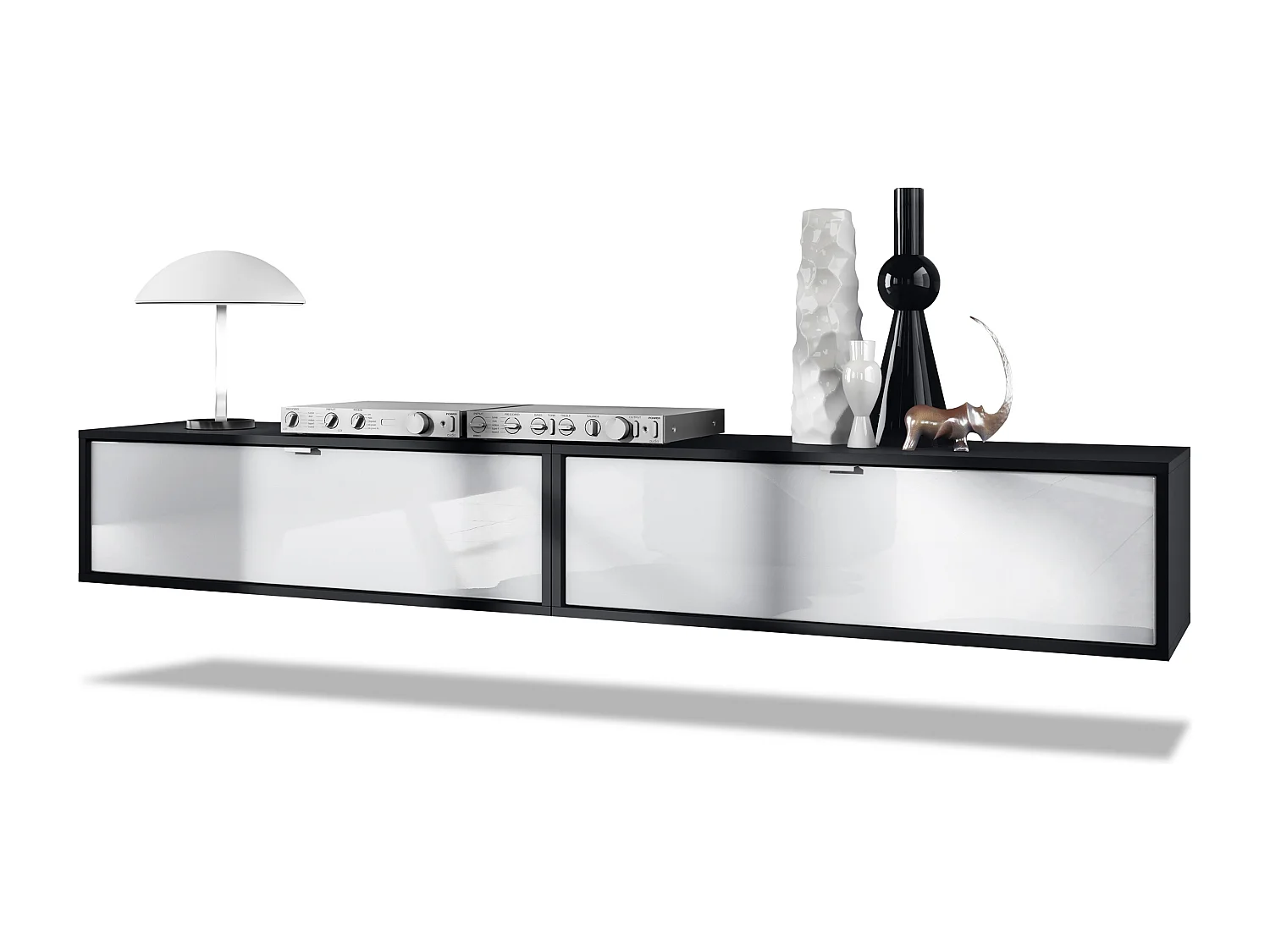 Ensemble de 2 set meuble TV Lana 100, lowboards de 100 x 29 x 37 cm chacun avec beaucoup d'espace de rangement, caisson en Noir mat, façades en Blanc brillant