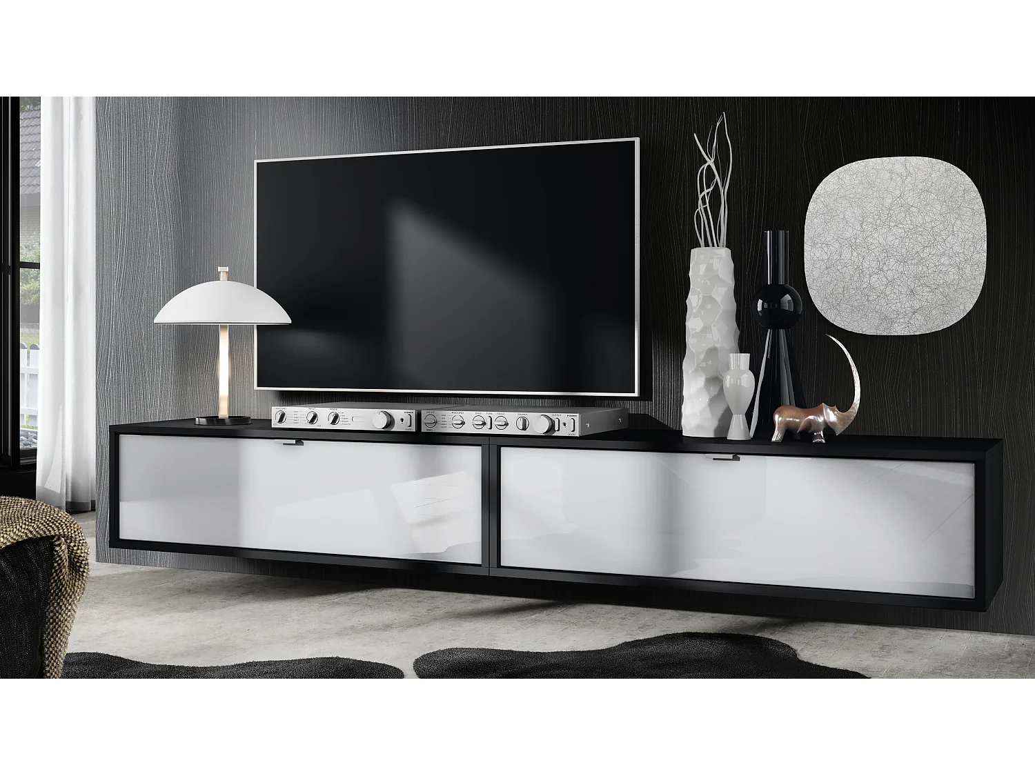 Ensemble de 2 set meuble TV Lana 100, lowboards de 100 x 29 x 37 cm chacun avec beaucoup d'espace de rangement, caisson en Noir mat, façades en Blanc brillant