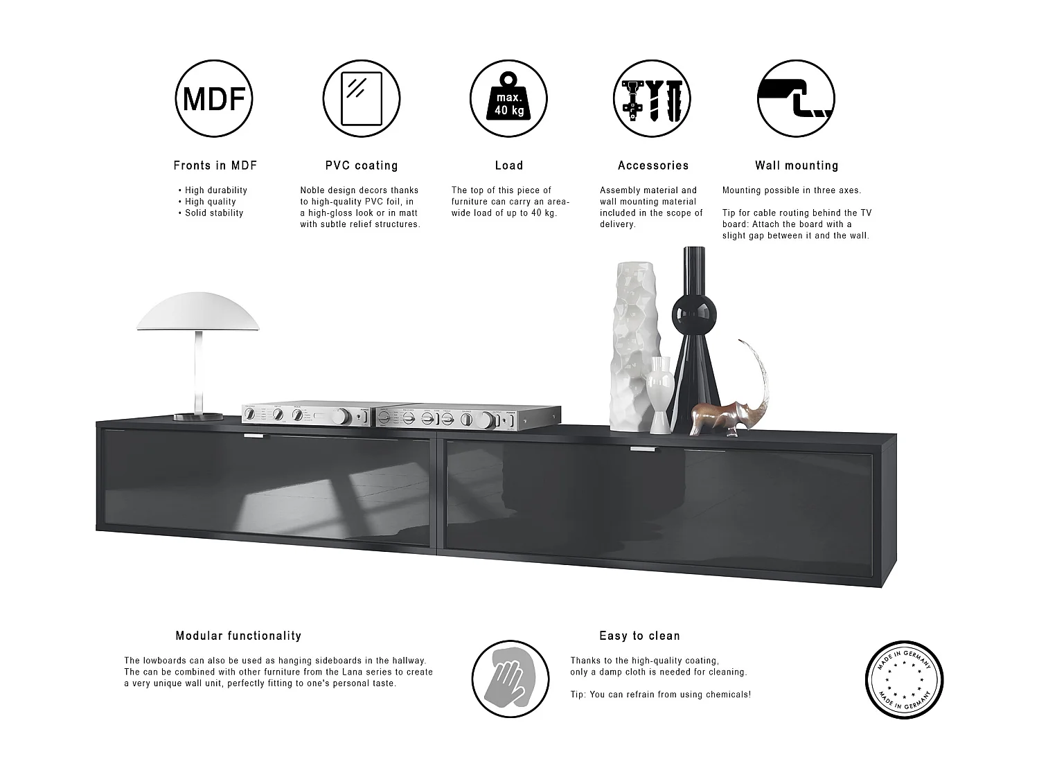 Ensemble de 2 set meuble TV Lana 100, lowboards de 100 x 29 x 37 cm chacun avec beaucoup d'espace de rangement, caisson en Noir mat, façades en Blanc brillant