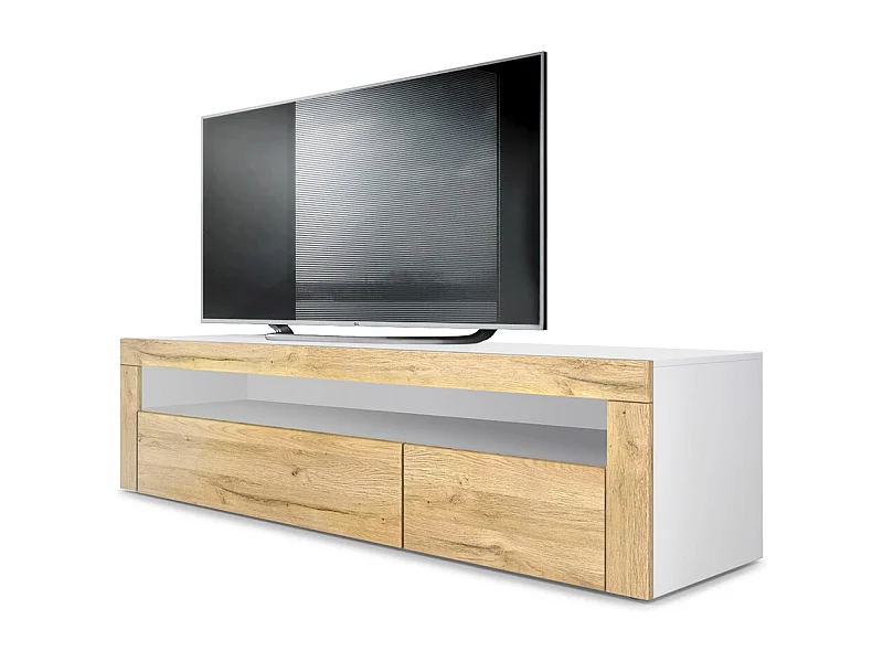 Buffet bas Valencia, Meuble TV avec 1 compartiment ouvert et 2 clapets, Blanc mat/chêne nature/chêne nature (155 x 46 x 40 cm)