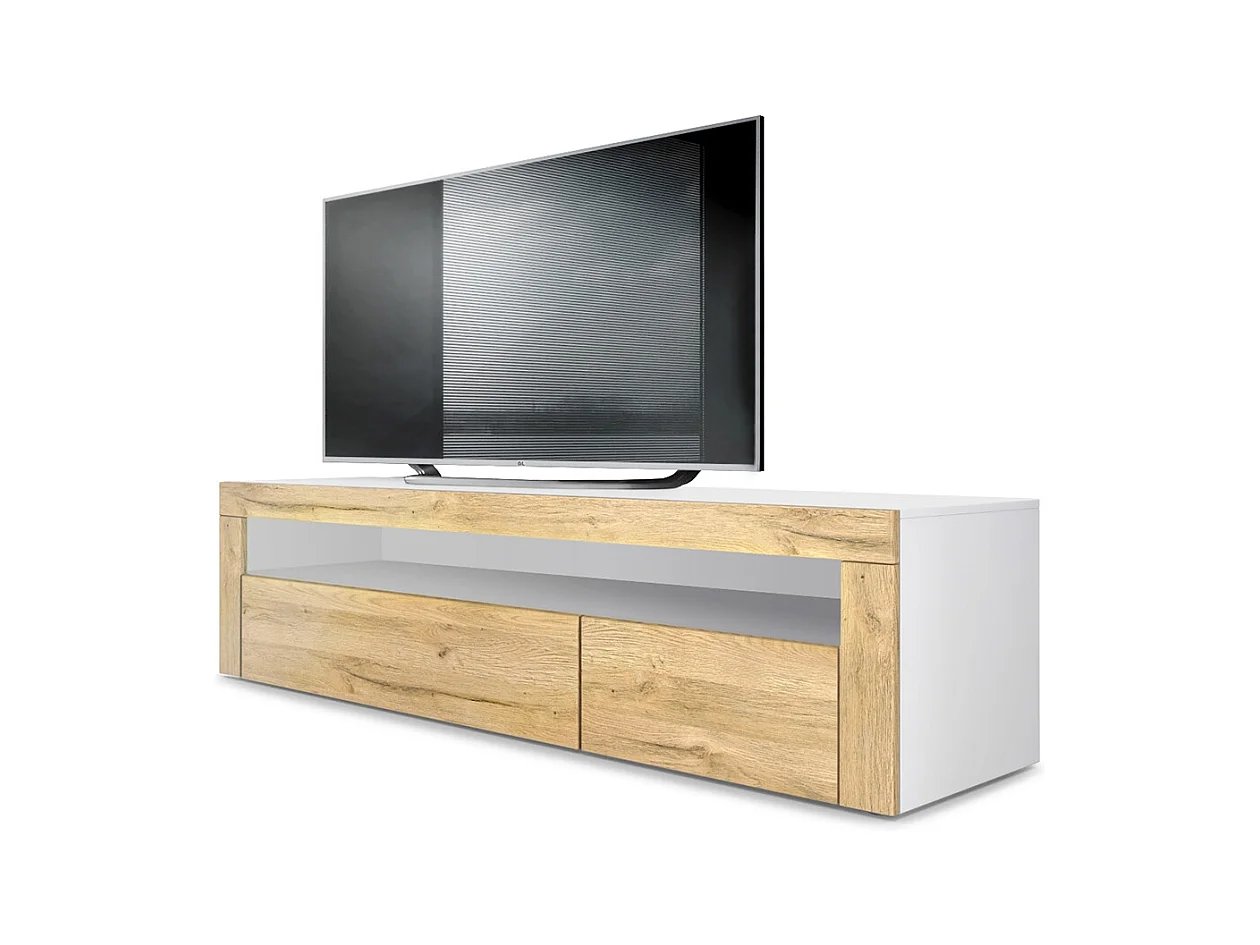 Buffet bas Valencia, Meuble TV avec 1 compartiment ouvert et 2 clapets, Blanc mat/chêne nature/chêne nature (155 x 46 x 40 cm)