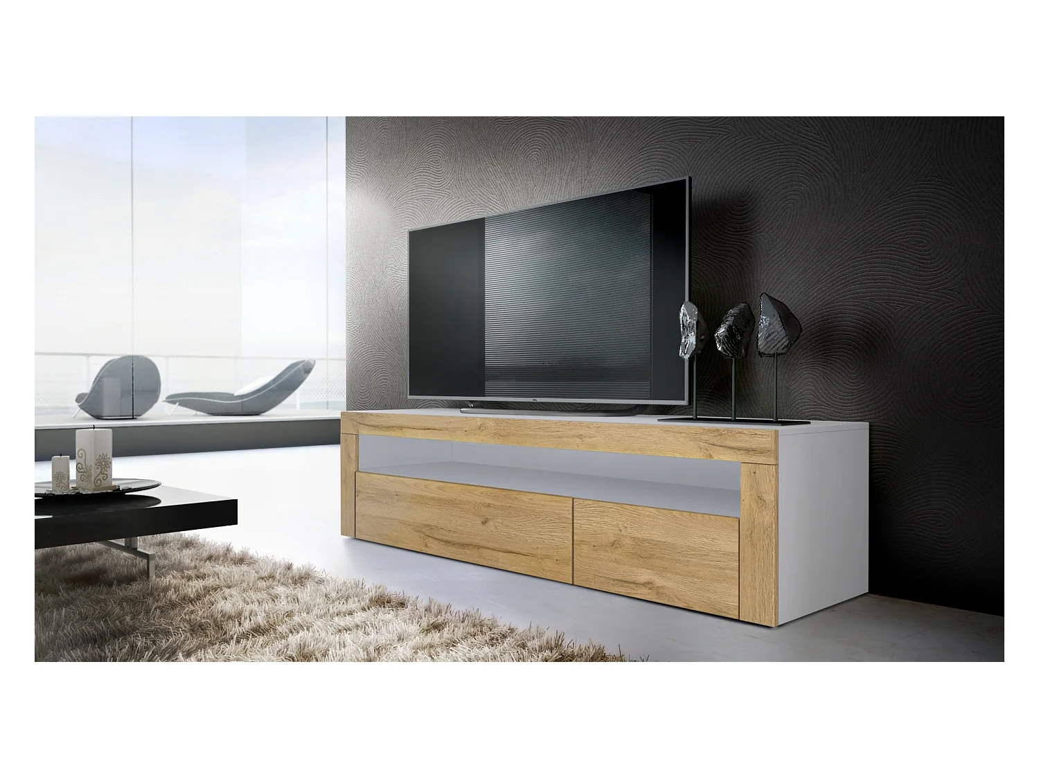 Buffet bas Valencia, Meuble TV avec 1 compartiment ouvert et 2 clapets, Blanc mat/chêne nature/chêne nature (155 x 46 x 40 cm)