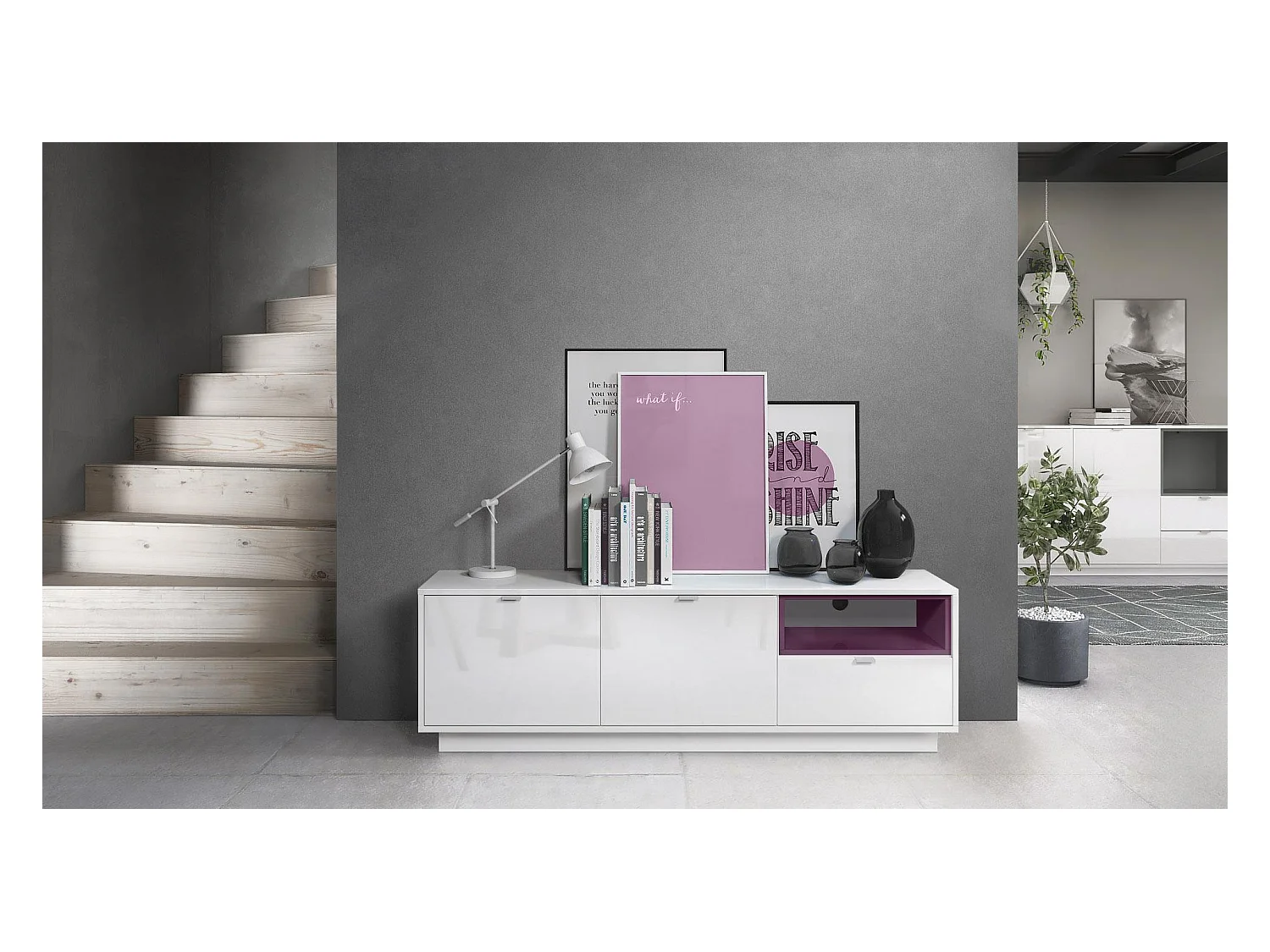 Meuble TV Armoire Metro, Corps en Blanc haute brillance / Façades en Blanc haute brillance avec une insertion en Mûre haute brillance, incl. L'éclairage LED