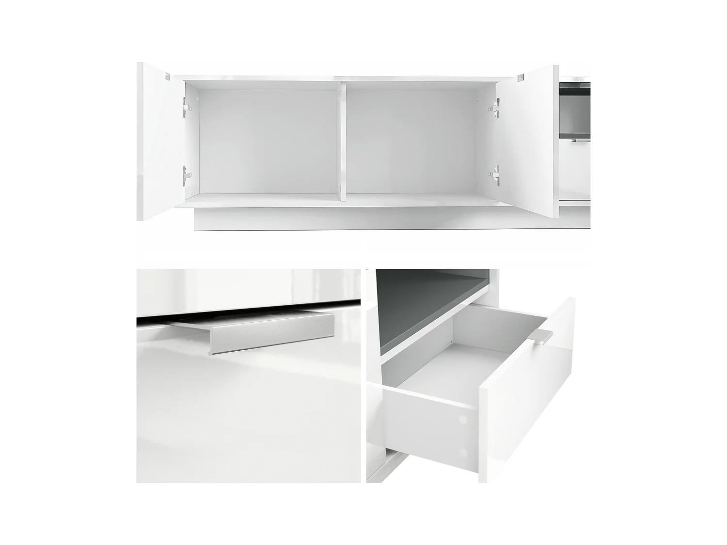Meuble TV Armoire Metro, Corps en Blanc haute brillance / Façades en Blanc haute brillance avec une insertion en Mûre haute brillance, incl. L'éclairage LED