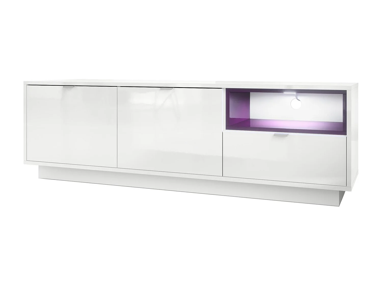 Meuble TV Armoire Metro, Corps en Blanc haute brillance / Façades en Blanc haute brillance avec une insertion en Mûre haute brillance, incl. L'éclairage LED