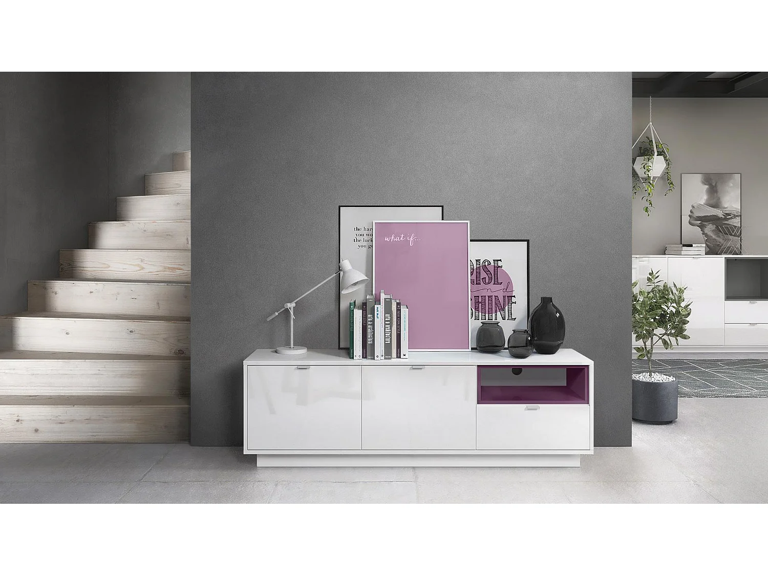 Meuble TV Armoire Metro, Corps en Blanc haute brillance / Façades en Blanc haute brillance avec une insertion en Mûre haute brillance, incl. L'éclairage LED
