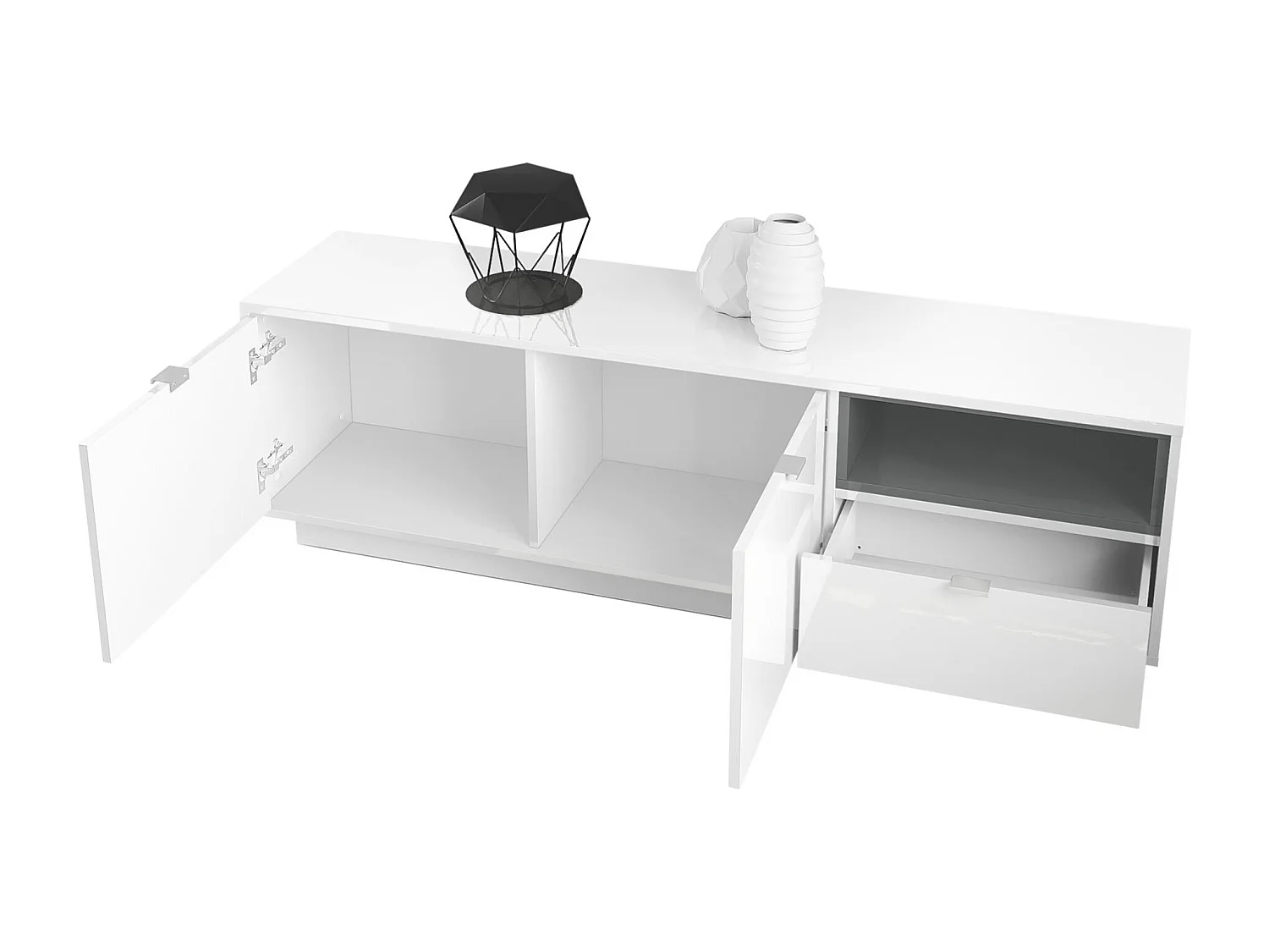 Meuble TV Armoire Metro, Corps en Blanc haute brillance / Façades en Blanc haute brillance avec une insertion en Mûre haute brillance, incl. L'éclairage LED