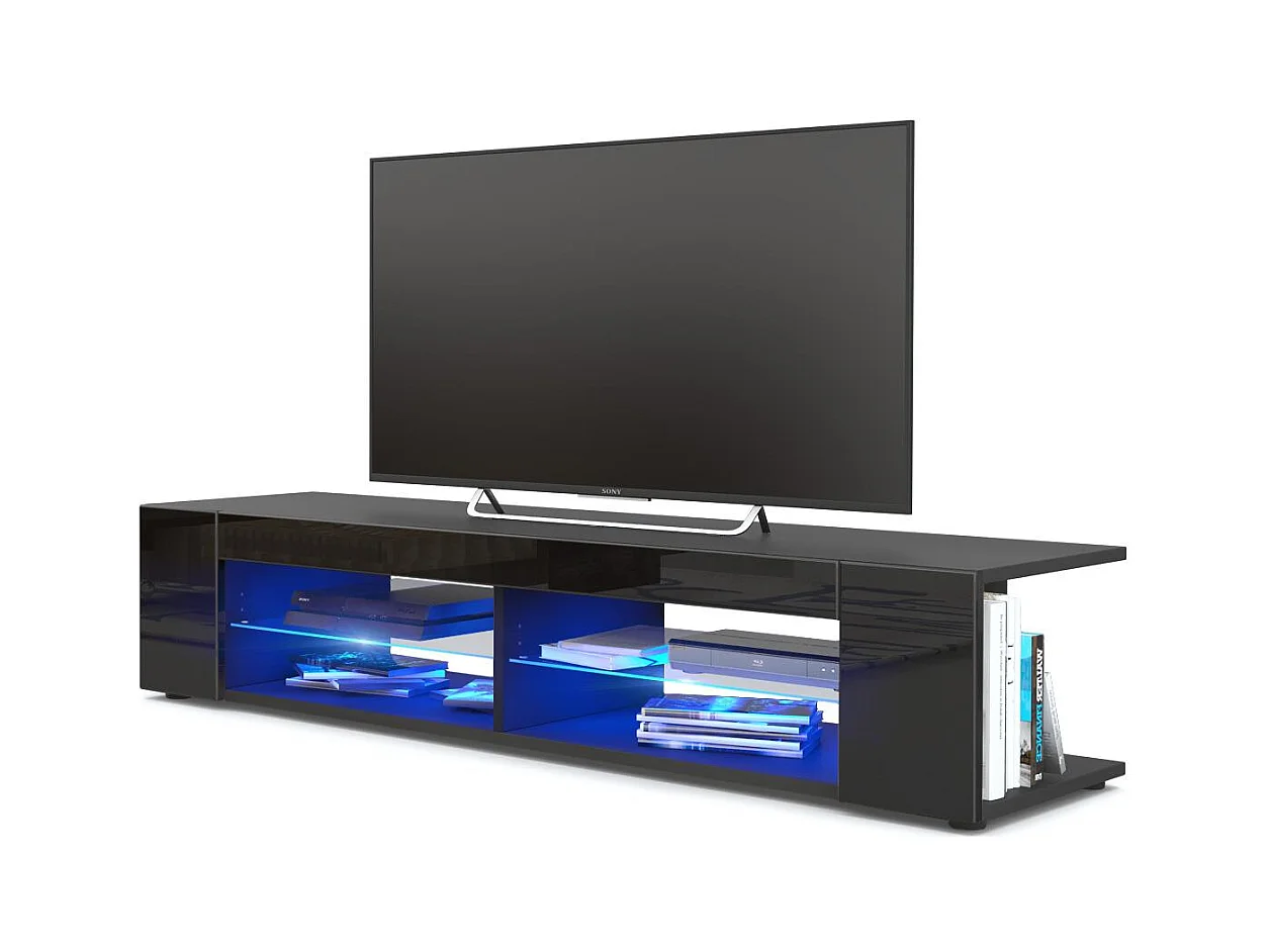 Buffet bas Movie, Meuble TV avec 4 compartiments ouverts et placages décoratifs, Noir mat/Noir haute brillance, éclairage LED bleu inclus (134 x 29 x 39 cm)