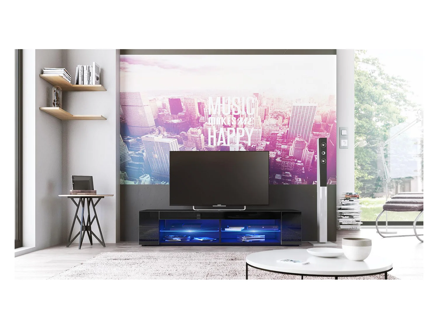 Buffet bas Movie, Meuble TV avec 4 compartiments ouverts et placages décoratifs, Noir mat/Noir haute brillance, éclairage LED bleu inclus (134 x 29 x 39 cm)