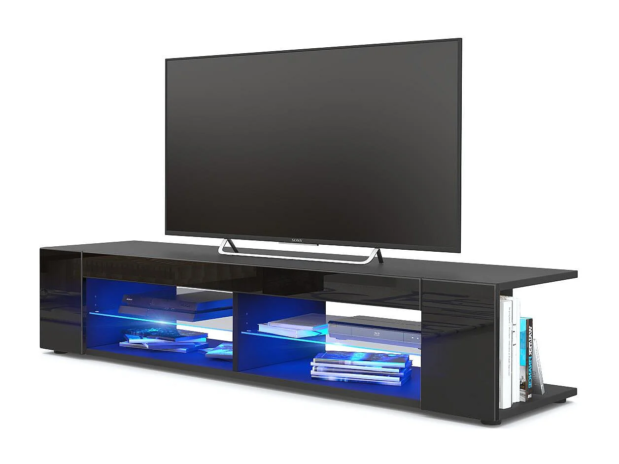 Buffet bas Movie, Meuble TV avec 4 compartiments ouverts et placages décoratifs, Noir mat/Noir haute brillance, éclairage LED bleu inclus (134 x 29 x 39 cm)