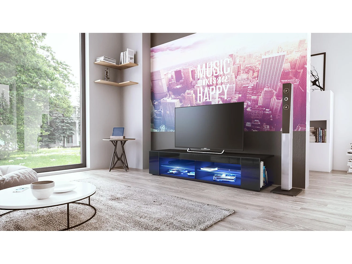 Buffet bas Movie, Meuble TV avec 4 compartiments ouverts et placages décoratifs, Noir mat/Noir haute brillance, éclairage LED bleu inclus (134 x 29 x 39 cm)