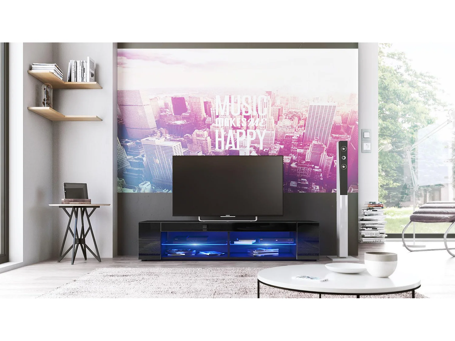 Buffet bas Movie, Meuble TV avec 4 compartiments ouverts et placages décoratifs, Noir mat/Noir haute brillance, éclairage LED bleu inclus (134 x 29 x 39 cm)