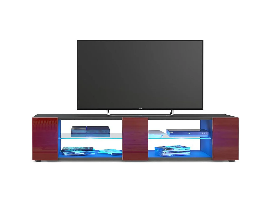Buffet bas Movie V2, Meuble TV avec 6 compartiments ouverts et placages décoratifs, Noir mat/Bordeaux brillant, éclairage LED bleu inclus (134 x 29 x 39 cm)