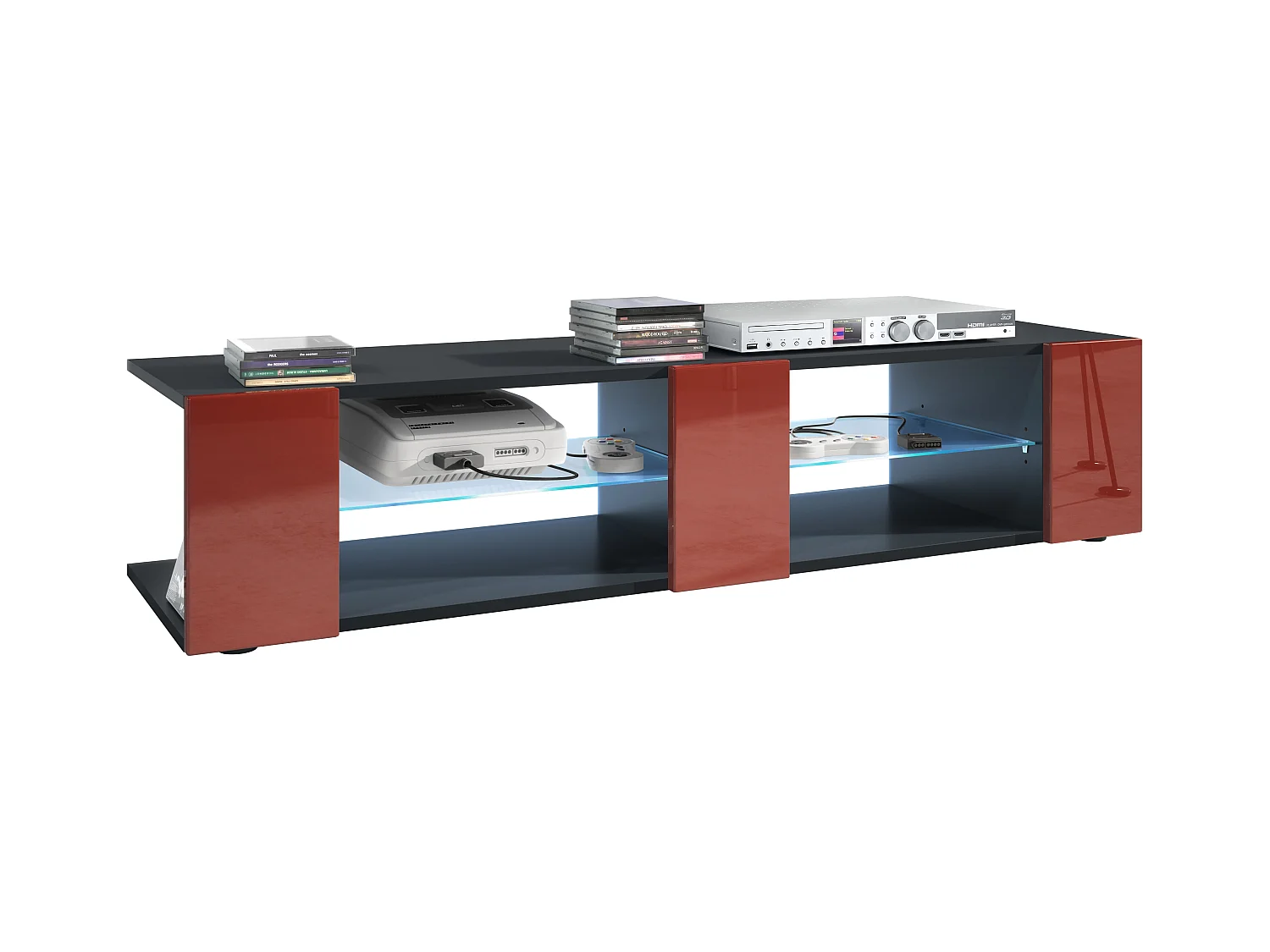 Buffet bas Movie V2, Meuble TV avec 6 compartiments ouverts et placages décoratifs, Noir mat/Bordeaux brillant, éclairage LED bleu inclus (134 x 29 x 39 cm)