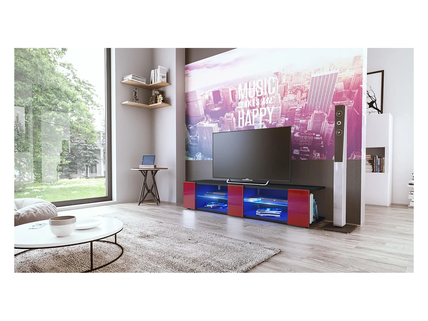 Buffet bas Movie V2, Meuble TV avec 6 compartiments ouverts et placages décoratifs, Noir mat/Bordeaux brillant, éclairage LED bleu inclus (134 x 29 x 39 cm)