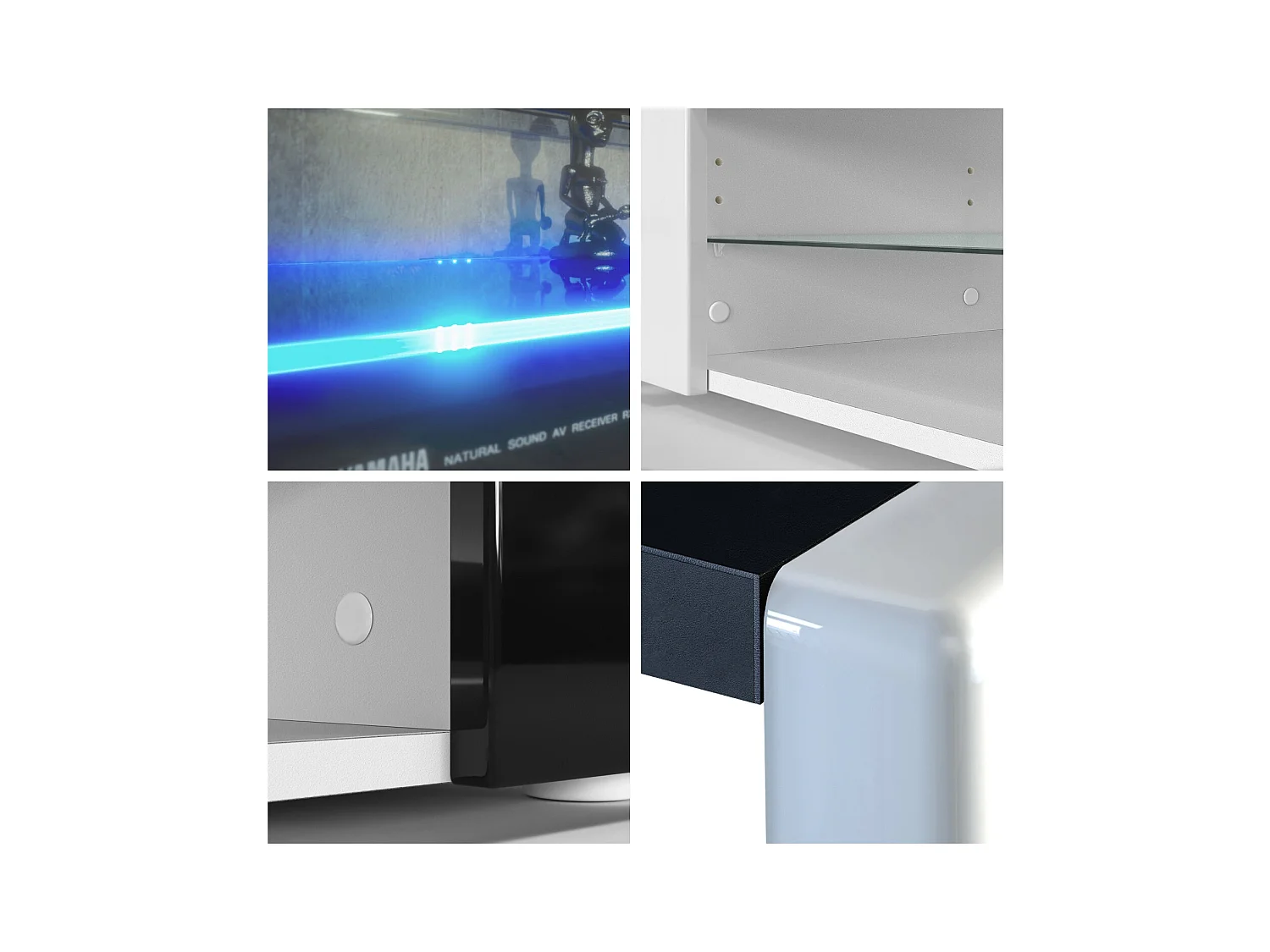 Buffet bas Movie V2, Meuble TV avec 6 compartiments ouverts et placages décoratifs, Noir mat/Bordeaux brillant, éclairage LED bleu inclus (134 x 29 x 39 cm)