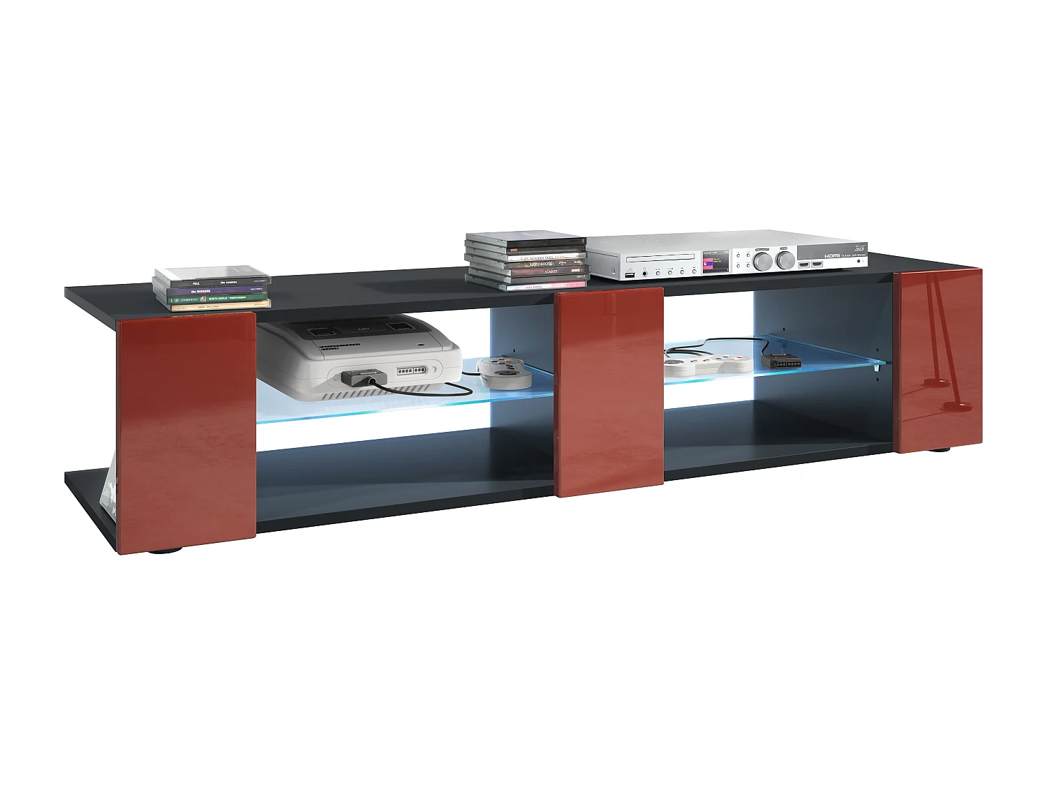 Buffet bas Movie V2, Meuble TV avec 6 compartiments ouverts et placages décoratifs, Noir mat/Bordeaux brillant, éclairage LED bleu inclus (134 x 29 x 39 cm)