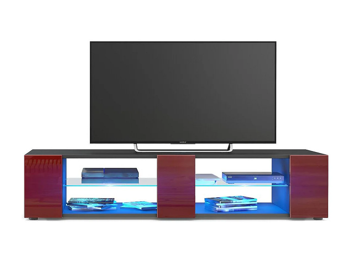 Buffet bas Movie V2, Meuble TV avec 6 compartiments ouverts et placages décoratifs, Noir mat/Bordeaux brillant, éclairage LED bleu inclus (134 x 29 x 39 cm)