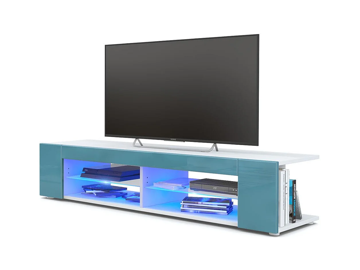 Buffet bas Movie, Meuble TV avec 4 compartiments ouverts et placages décoratifs, Blanc mat/Turquoise brillant, éclairage LED bleu inclus (134 x 29 x 39 cm)