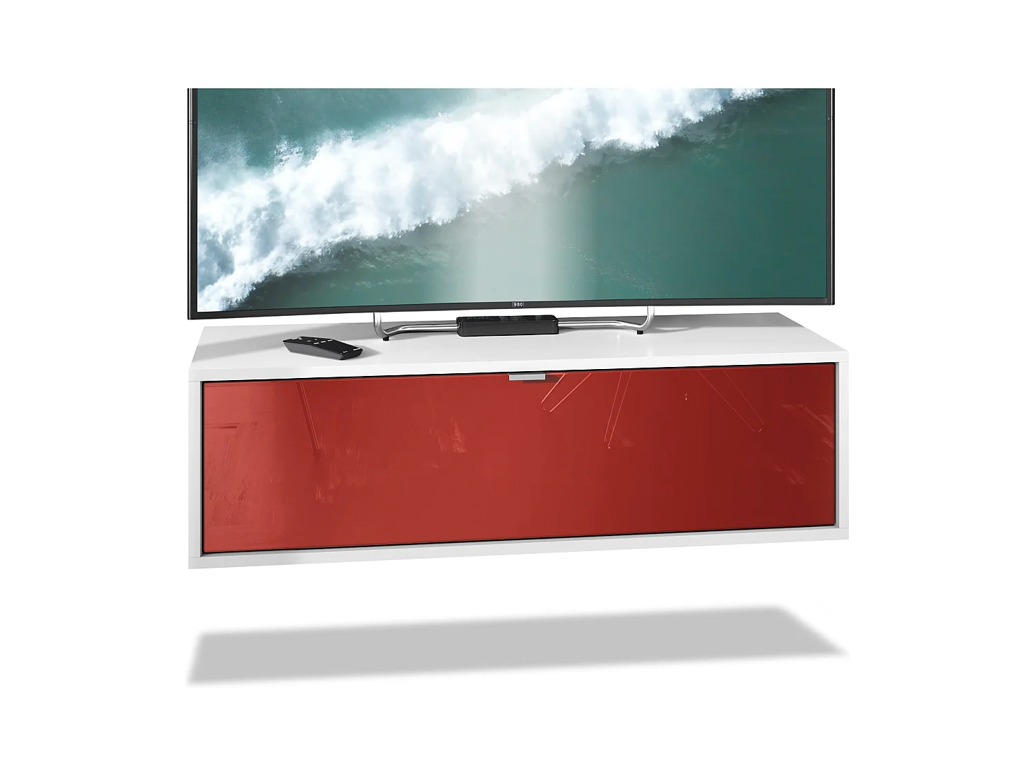 Meuble TV Lana 100 armoire murale lowboard 100 x 29 x 37 cm, caisson en Blanc mat, façades en Bordeaux haute brillance | Grand choix de couleurs