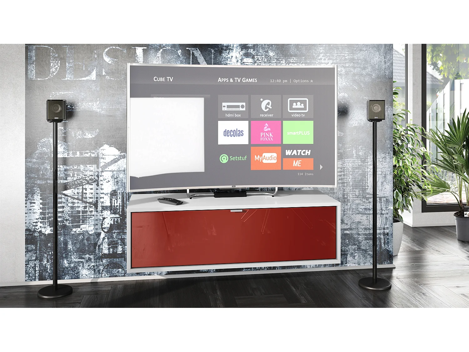 Meuble TV Lana 100 armoire murale lowboard 100 x 29 x 37 cm, caisson en Blanc mat, façades en Bordeaux haute brillance | Grand choix de couleurs