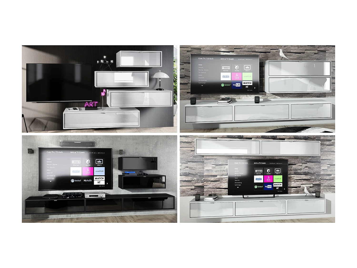 Meuble TV Lana 100 armoire murale lowboard 100 x 29 x 37 cm, caisson en Blanc mat, façades en Bordeaux haute brillance | Grand choix de couleurs