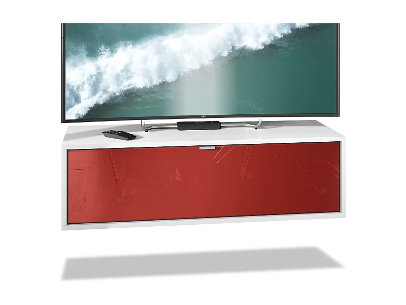 Meuble TV Lana 100 armoire murale lowboard 100 x 29 x 37 cm, caisson en Blanc mat, façades en Bordeaux haute brillance | Grand choix de couleurs