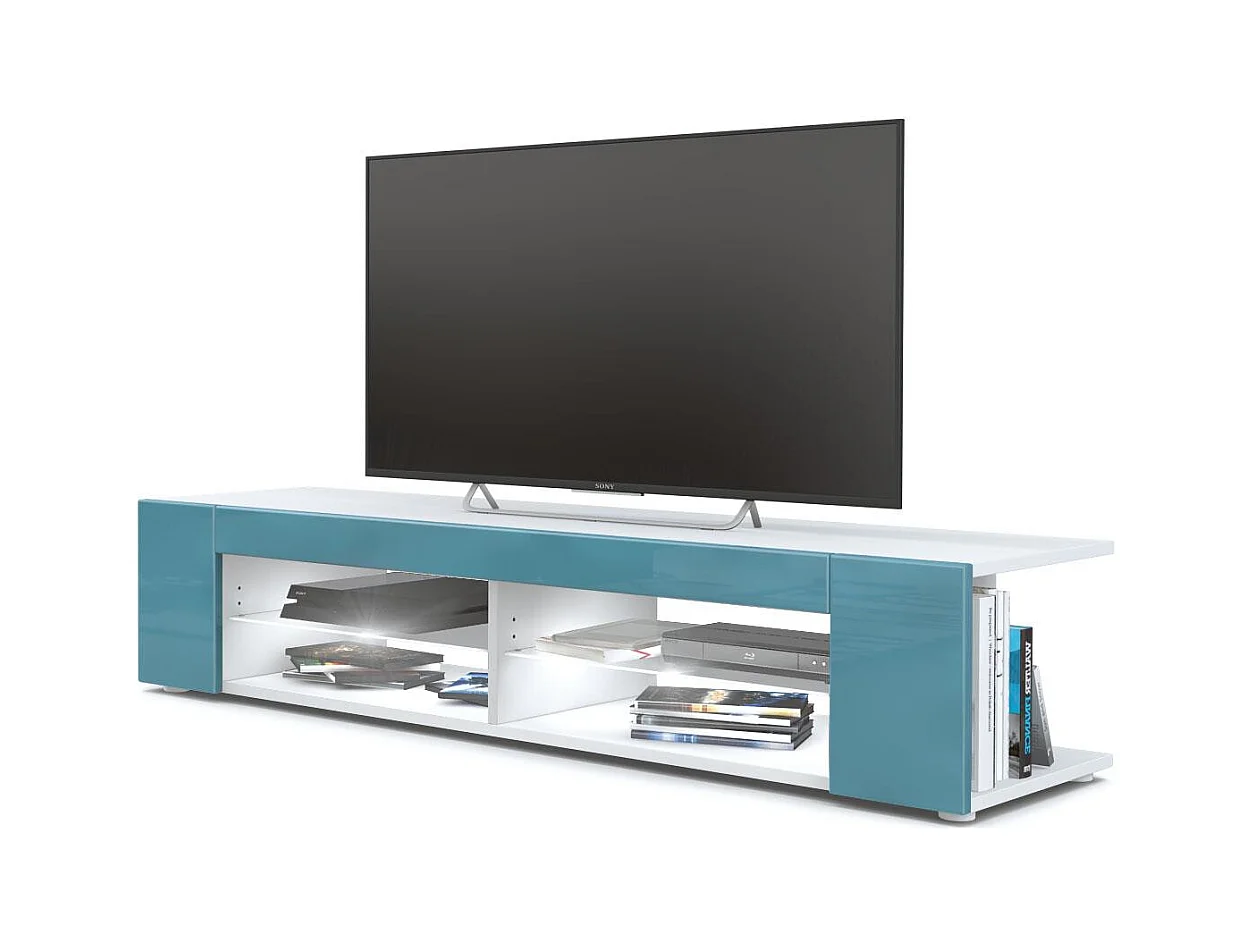 Buffet bas Movie, Meuble TV avec 4 compartiments ouverts et placages décoratifs, Blanc mat/Turquoise brillant, éclairage LED blanc inclus (134 x 29 x 39 cm)