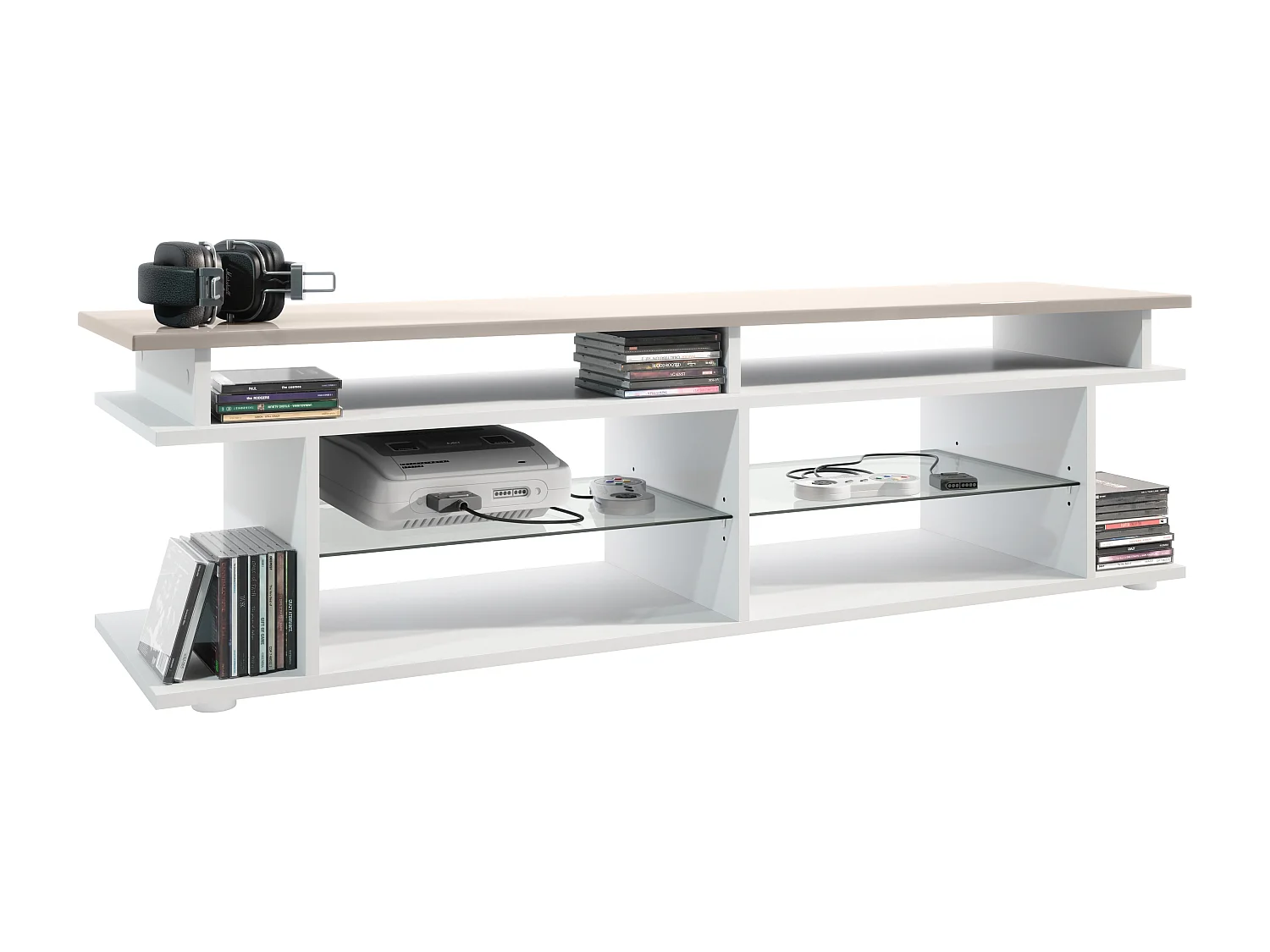 TV Board Movie V3 Game On 138,5 x 39 x 37,5 cm , caisson en blanc mat, élément supérieur en gris sable haute brillance