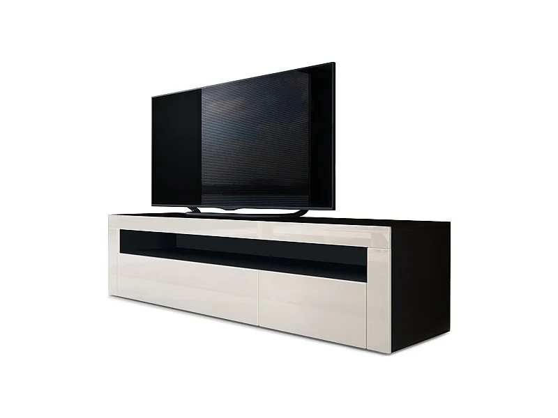 Buffet bas Valencia, Meuble TV avec 1 compartiment ouvert et 2 clapets, Noir mat/crème haute brillance/crème haute brillance (155 x 46 x 40 cm)