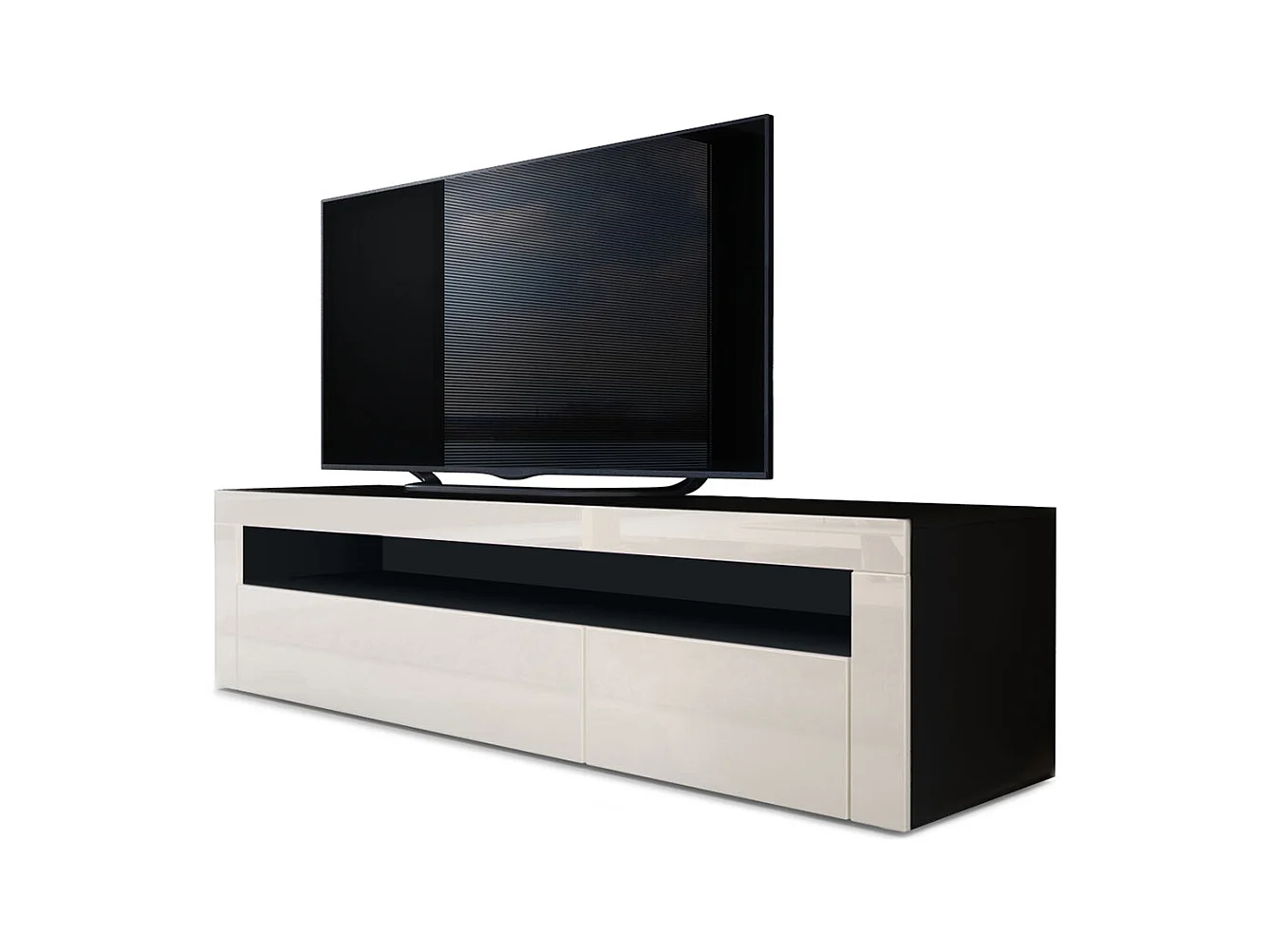 Buffet bas Valencia, Meuble TV avec 1 compartiment ouvert et 2 clapets, Noir mat/crème haute brillance/crème haute brillance (155 x 46 x 40 cm)