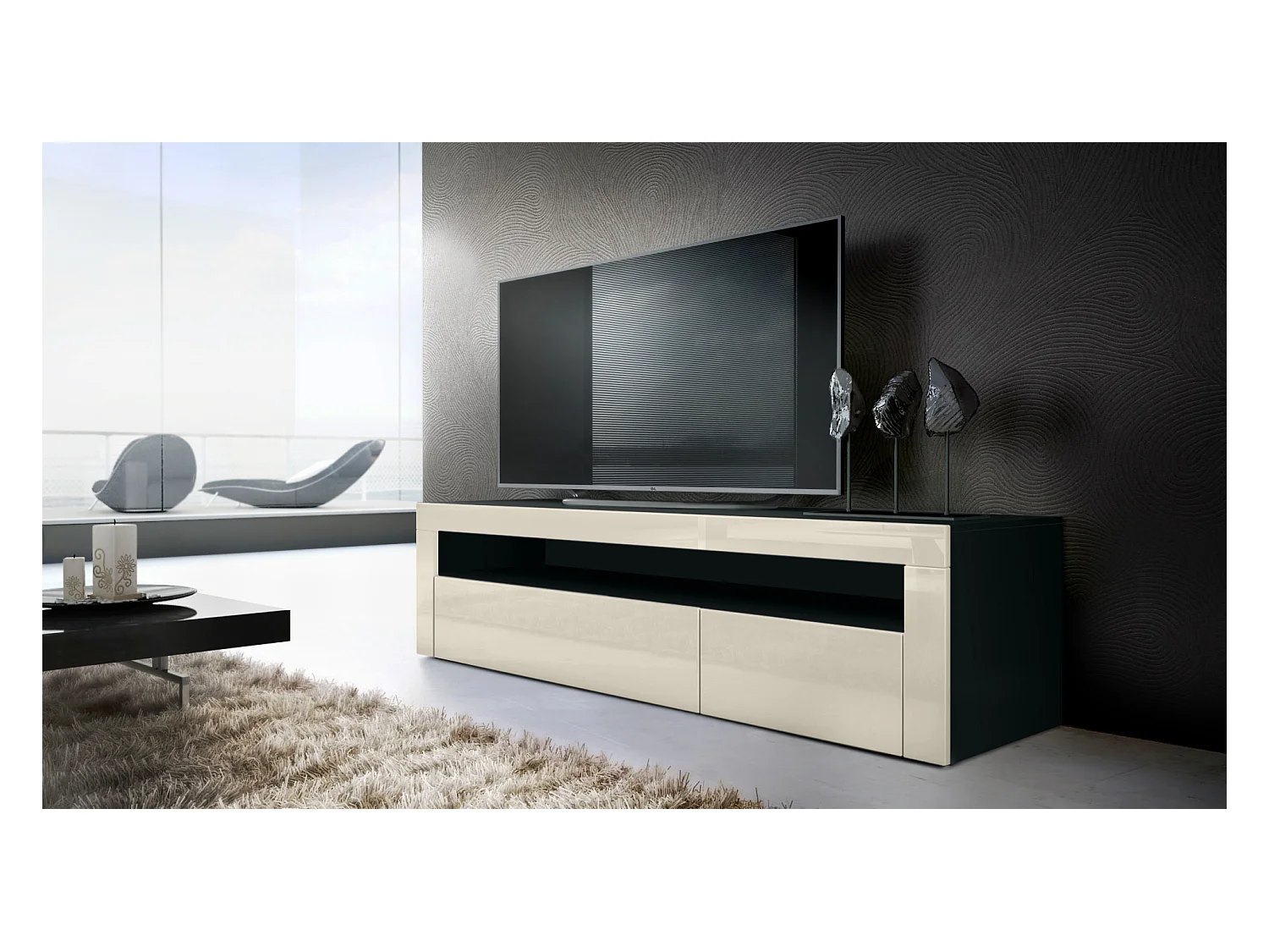 Buffet bas Valencia, Meuble TV avec 1 compartiment ouvert et 2 clapets, Noir mat/crème haute brillance/crème haute brillance (155 x 46 x 40 cm)