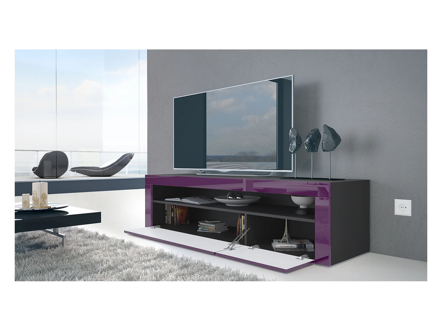 Buffet bas Valencia, Meuble TV avec 1 compartiment ouvert et 2 clapets, Noir mat/crème haute brillance/crème haute brillance (155 x 46 x 40 cm)